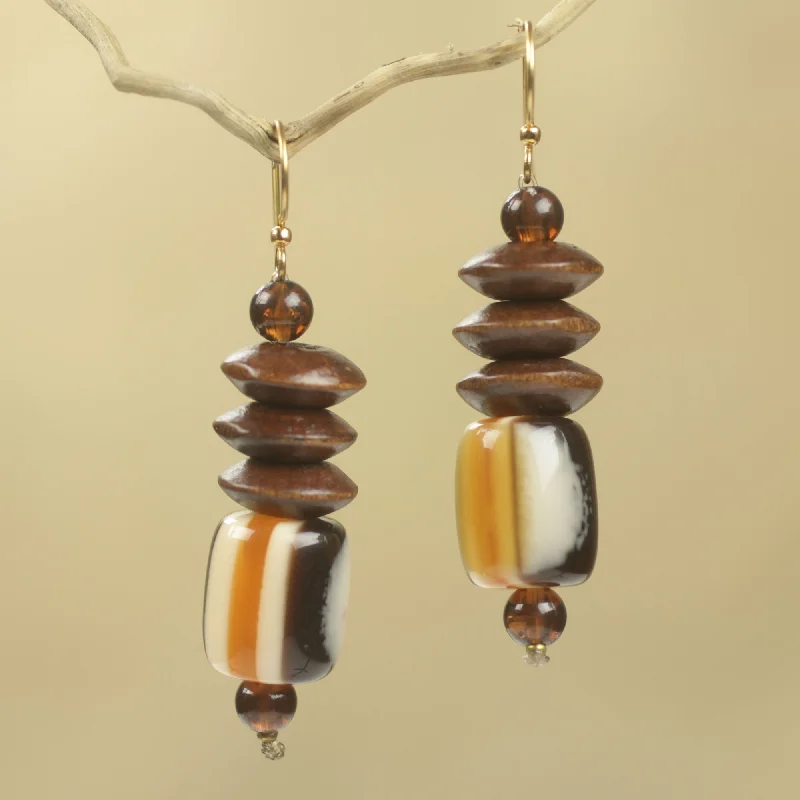 Geometric silver earrings for edgy style -Edinam Wood Beaded Dangle Earrings Artisan Crafted Jewelry