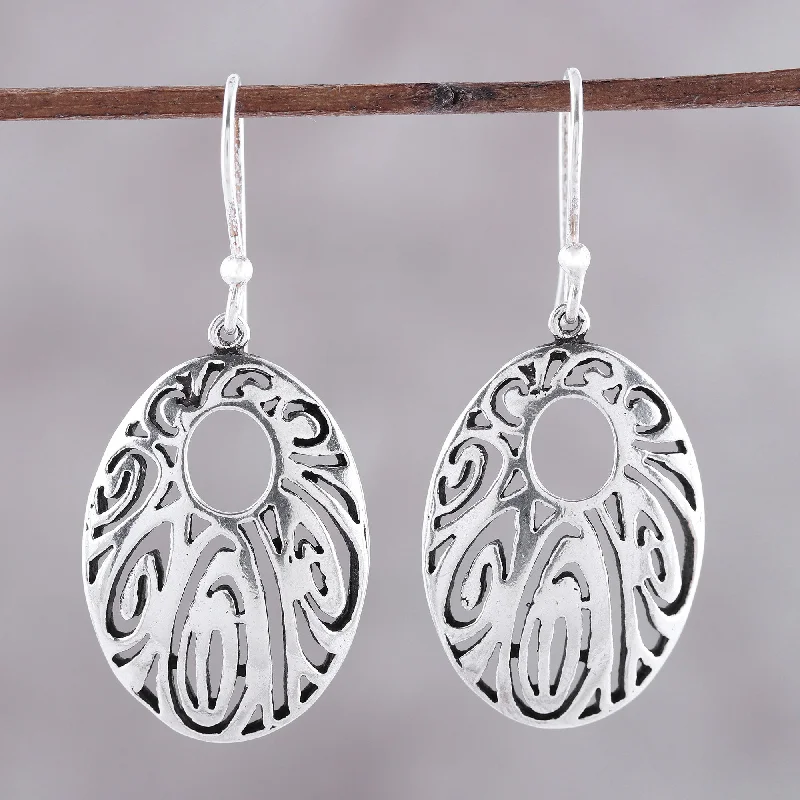 Elegant drop earrings for evening parties -Elaborate Ellipse Sterling Silver Openwork Elliptical Dangle Earrings