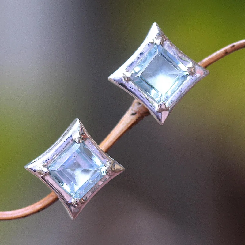 Dangle earrings for special occasions -Elegance of Squares Square Blue Topaz Stud Earrings Crafted in Bali