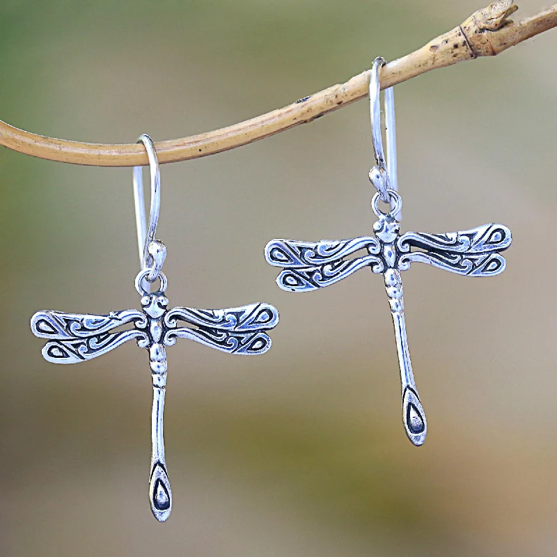 Long chandelier earrings for weddings -Elegance of the Dragonflies Handcrafted Sterling Silver Dragonfly Wings Dangle Earrings