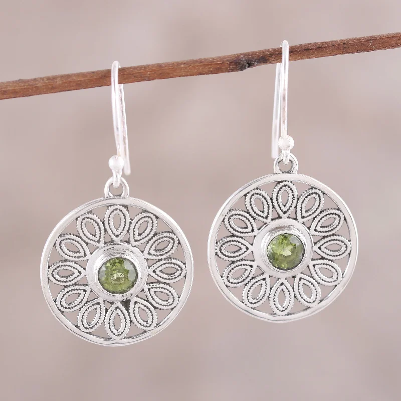 Black earrings for evening outfits -Elegant Daisy Peridot and Sterling Silver Flower Circle Dangle Earrings