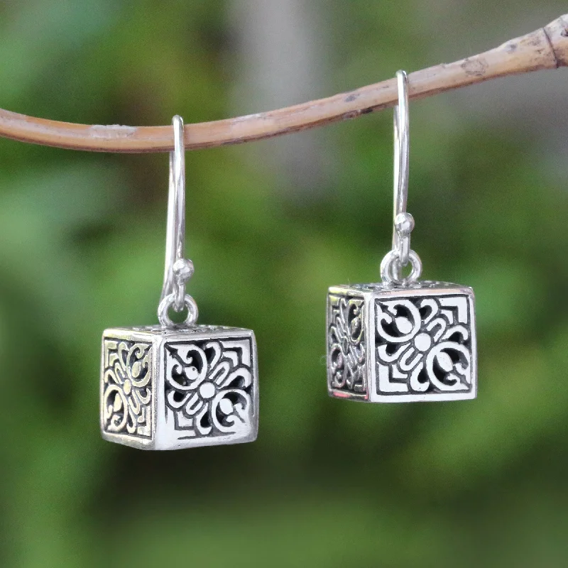 Bold statement earrings for confidence -Elegant Dice Sterling Silver Cube Dangle Earrings from Bali