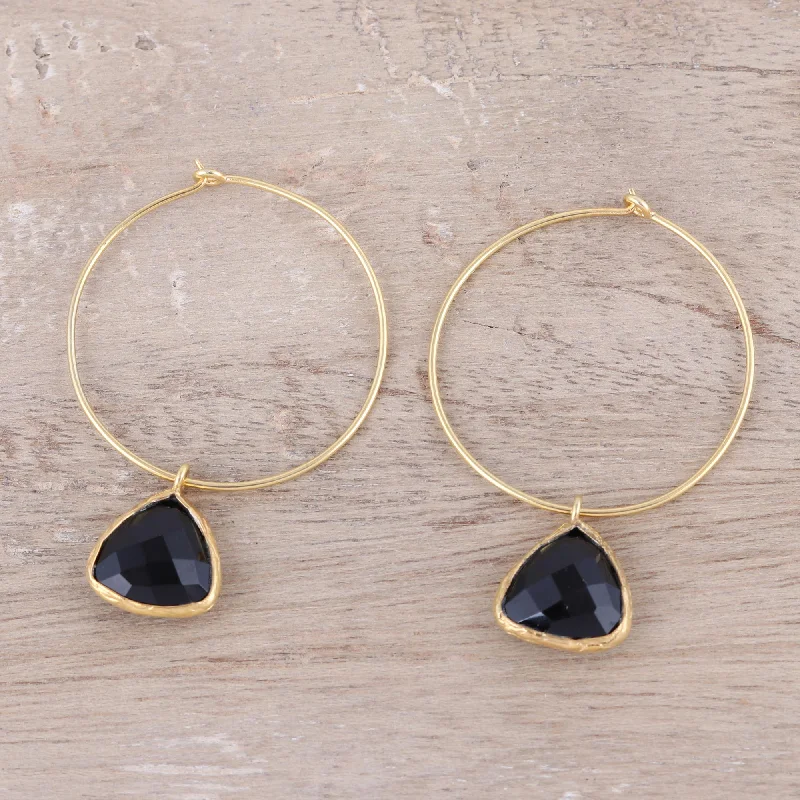 Bohemian style ear climbers for trendy look -Elegant Embrace 18k Gold Plated Onyx Hoop Dangle Earrings from India