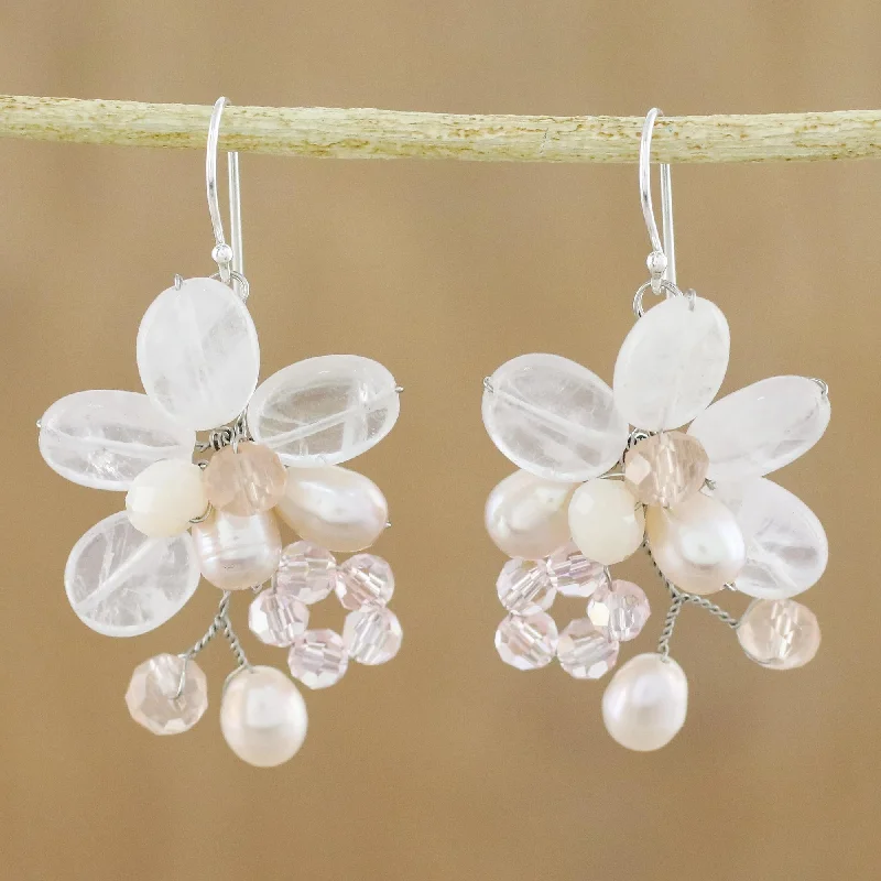 Resin earrings for lightweight wear -Elegant Flora Rose Quartz and Cultured Pearl Dangle Earrings from Thailand