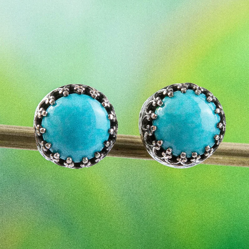 3D flower earrings for feminine touch -Elegant Fretwork Natural Turquoise and Taxco Silver Stud Earrings