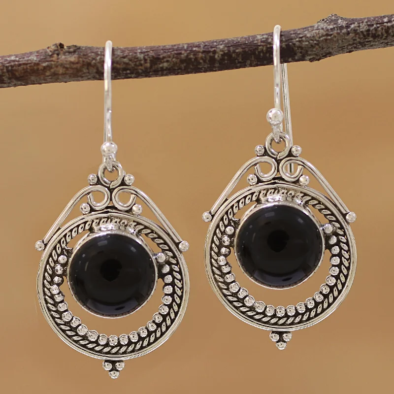 Silver earrings for everyday outfits -Elegant Globes Onyx and Sterling Silver Dangle Earrings from India