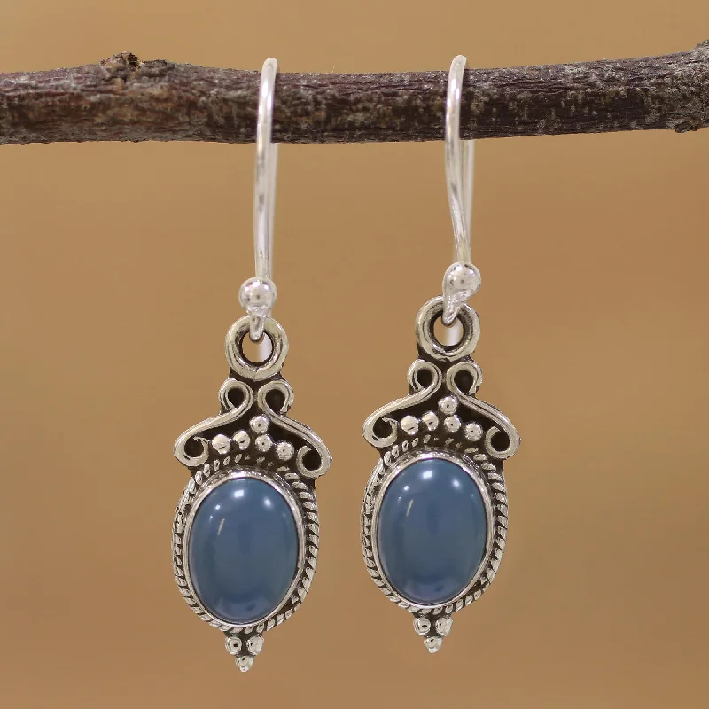 Chunky statement earrings for women -Elegant Gloss in Blue Blue Chalcedony and 925 Silver Dangle Earrings from India