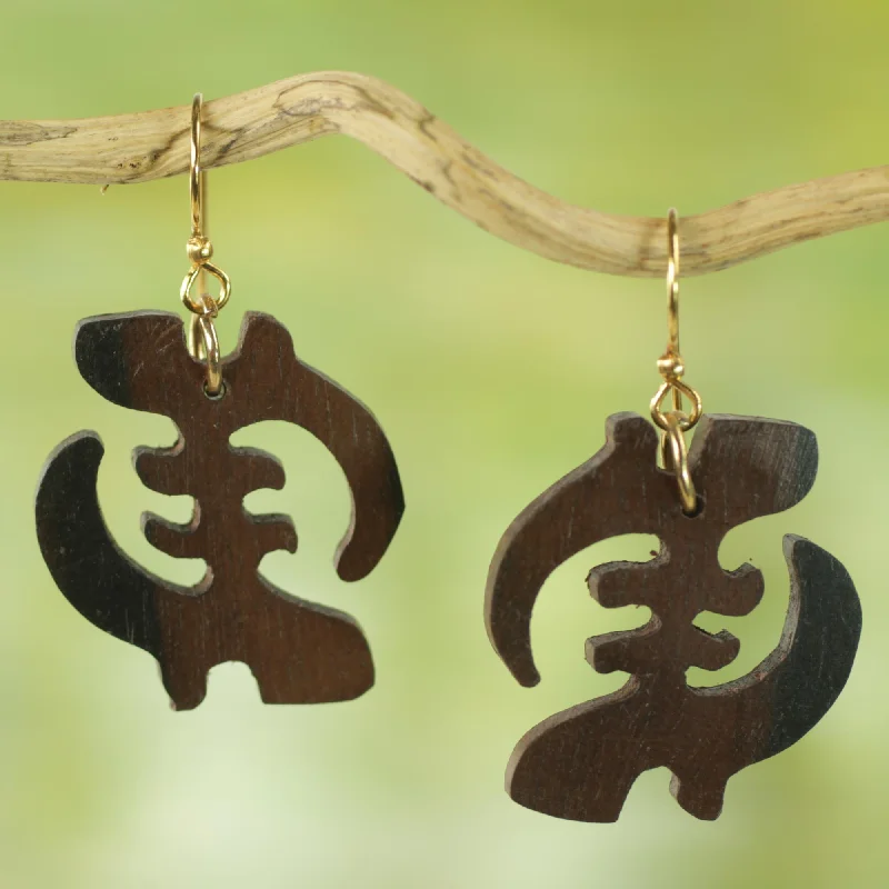 Handmade gold earrings for unique style -Elegant Gye Nyame Ebony Wood Adinkra Symbol Dangle Earrings from Ghana