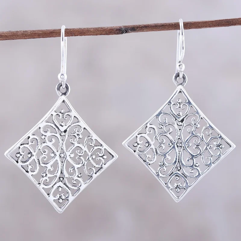 High-end luxury earrings for premium look -Elegant Kites Openwork Square Sterling Silver Dangle Earrings from India