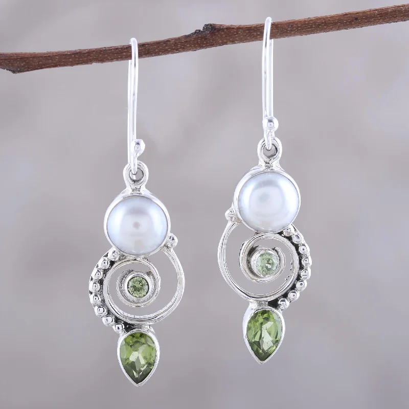 Classic hoop earrings for timeless style -Elegant Labyrinth Cultured Pearl Peridot Sterling Silver Dangle Earrings