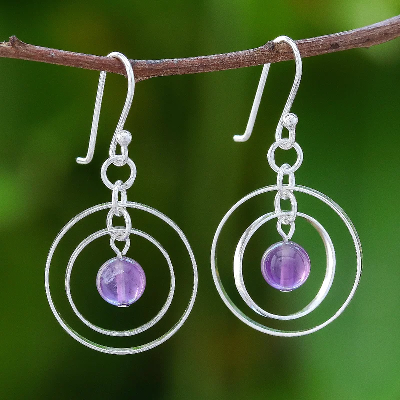 Silver dangle earrings for versatile style -Elegant Orbit Circular Amethyst Dangle Earrings Crafted in Thailand