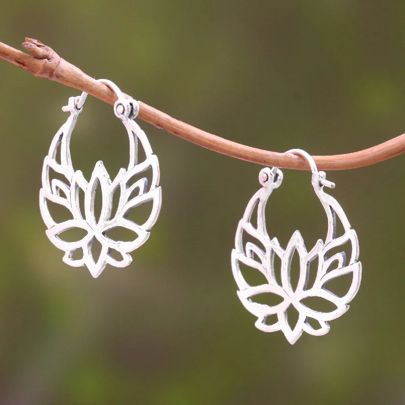 Floral stud earrings for feminine charm -Elegant Padma Sterling Silver Lotus Flower Hoop Earrings (1 inch)