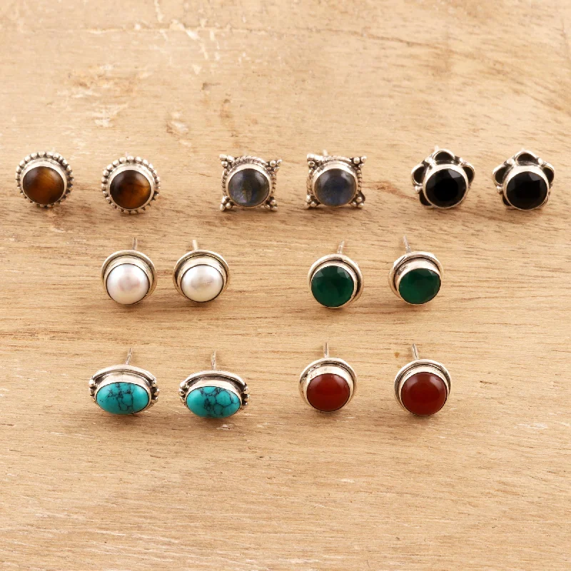 Sparkly stud earrings for everyday shine -Elegant Pairs Set of 7 Multi-Gemstone Stud Earrings from India