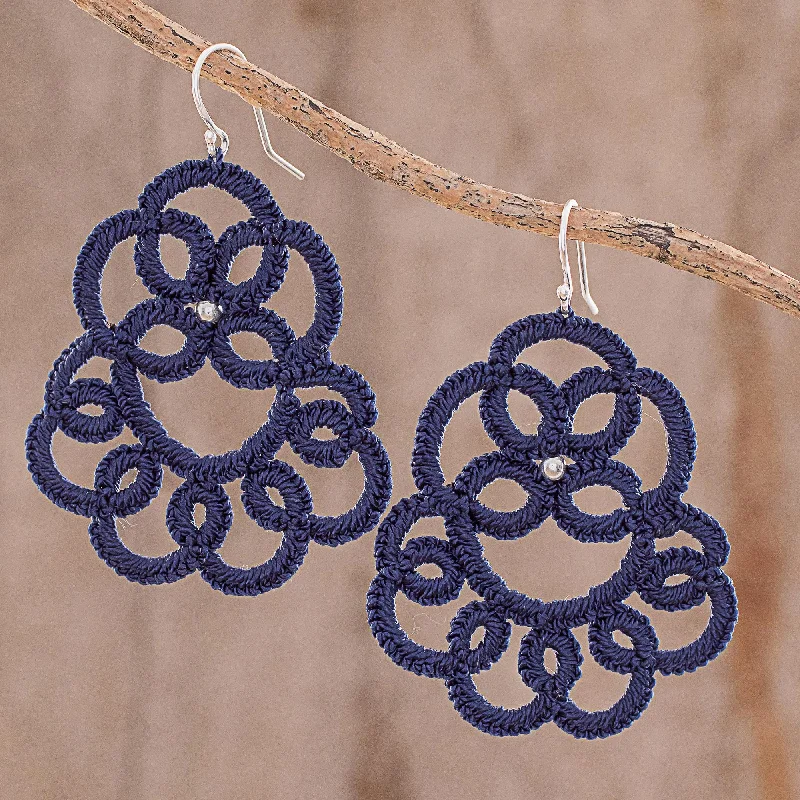 Elegant gold earrings for formal events -Elegant Swirls in Indigo Hand-Tatted Dangle Earrings in Indigo from Guatemala