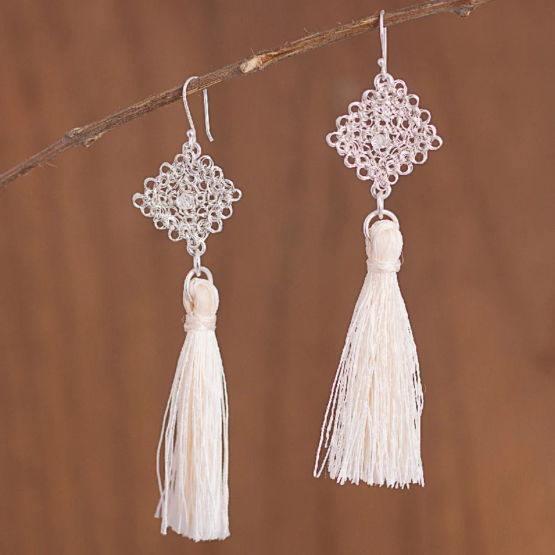 Feather earrings for bohemian style -Elegant Tassels Handcrafted Silver Dangle Earrings with Tassels from Peru