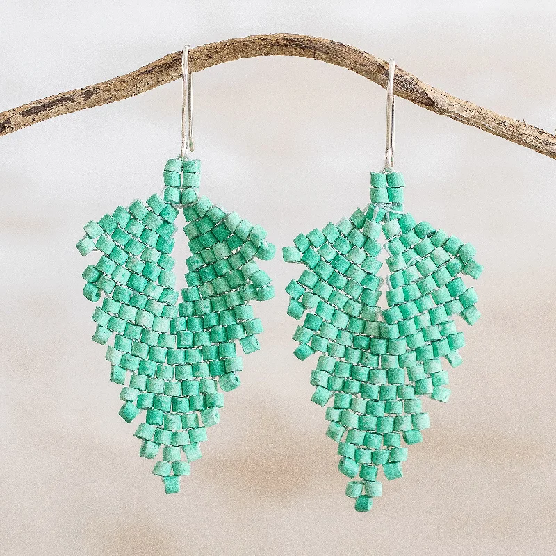 Enamel earrings for colorful accents -Elegant Wind in Green Leaf-Shaped Ceramic Beaded Dangle Earrings in Green