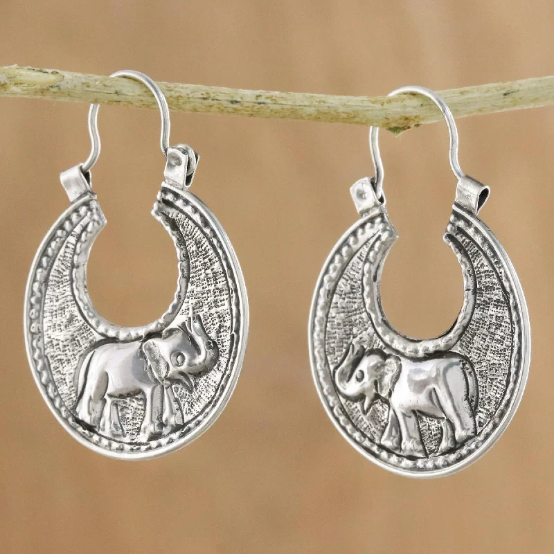 Simple silver earrings for daily wear -Elephant Magic Sterling Silver Elephant Hoop Earrings from Thailand