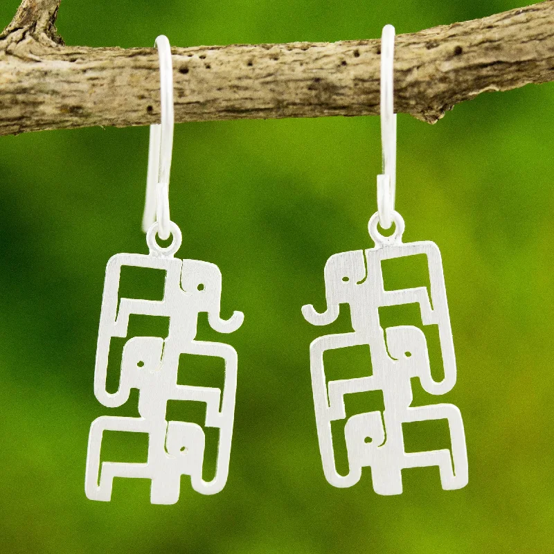 Unique asymmetric earrings for fashion-forward looks -Elephant Pyramid Brushed Sterling Silver Three-Elephant Dangle Earrings