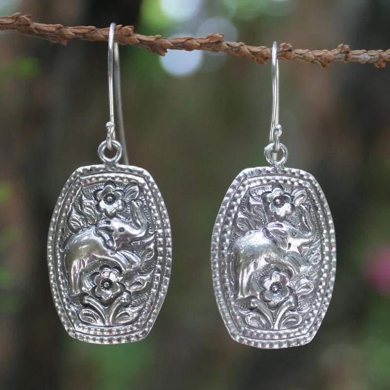 Long silver earrings for evening glamour -Elephant Roses Sterling Silver Floral Earrings