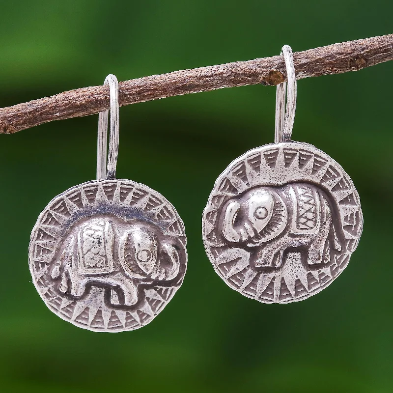 Sterling silver hoop earrings for women -Elephant Sun Hill Tribe Style 950 Silver Elephant Drop Earrings