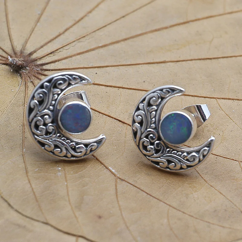 Modern diamond earrings for women -Embellished Moon Opal and Sterling Silver Crescent Moon Button Earrings