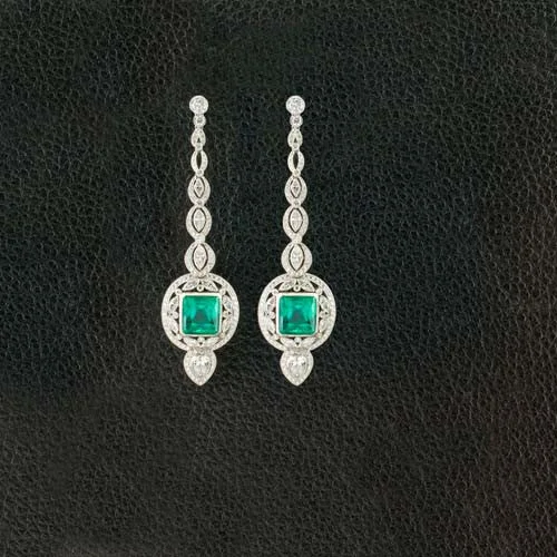 Flower-shaped earrings for feminine style -Emerald & Diamond Dangle Earrings