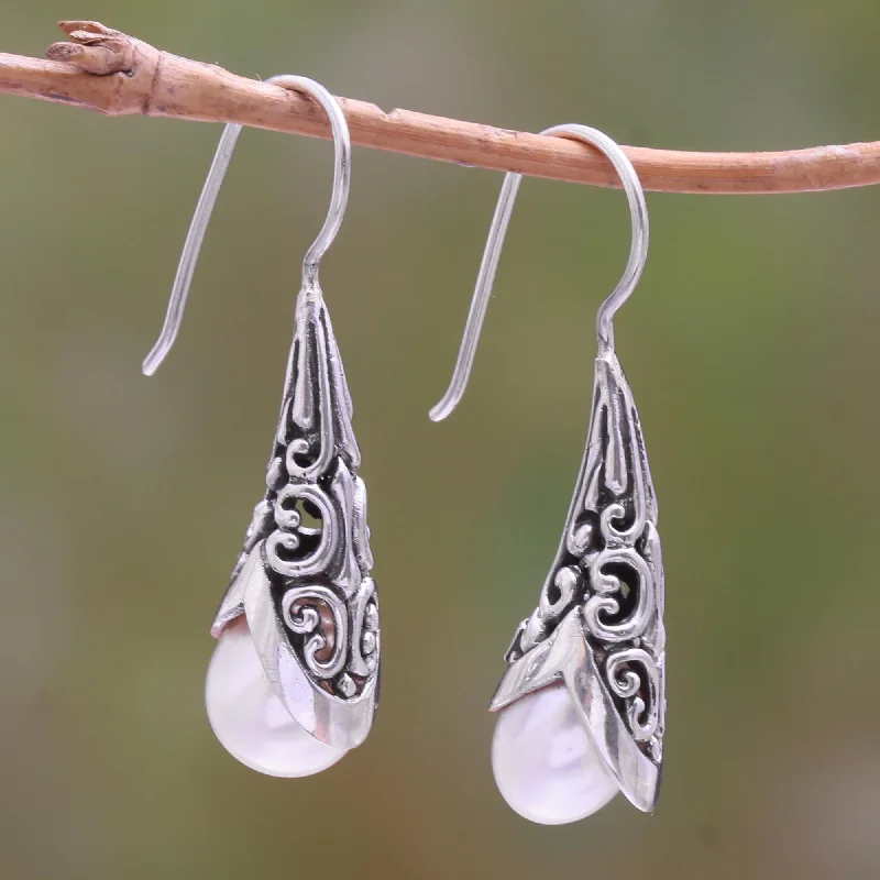 3D flower earrings for feminine touch -Emerging Beauty in White White Cultured Pearl Drop Earrings from Bali