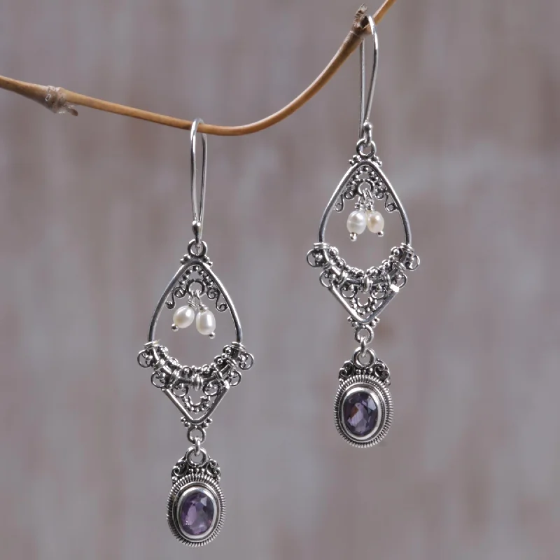 Long silver earrings for evening glamour -Empress Amethyst and pearl flower earrings