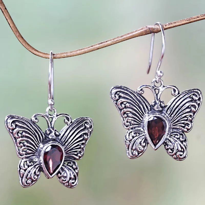 Large gold earrings for bold statements -Enchanted Butterfly Handcrafted Sterling Silver and Garnet Butterfly Earrings