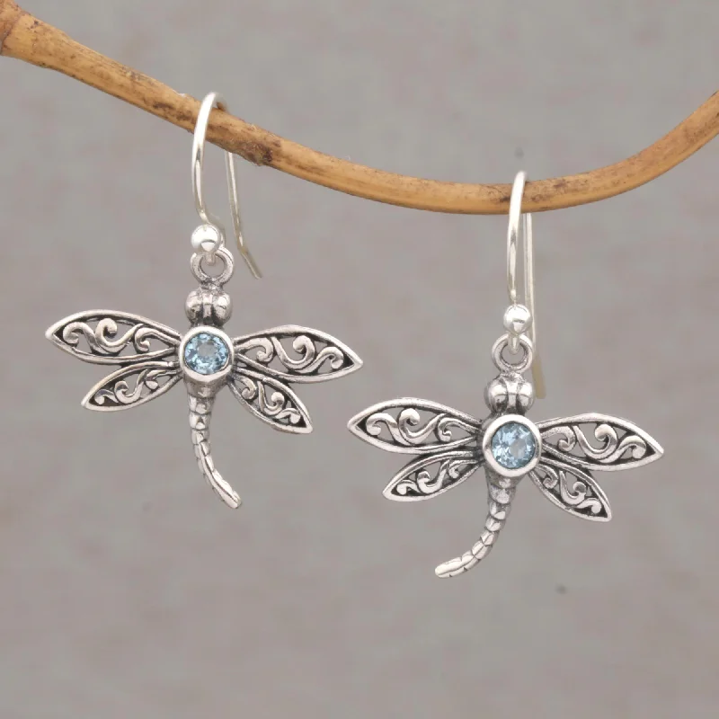 Tassel earrings for evening parties -Enchanted Dragonfly Sterling Silver & Blue Topaz Earrings