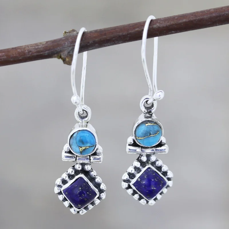 Rose gold hoop earrings for romantic looks -Enchanting Duo Lapis Lazuli and Composite Turquoise Dangle Earrings