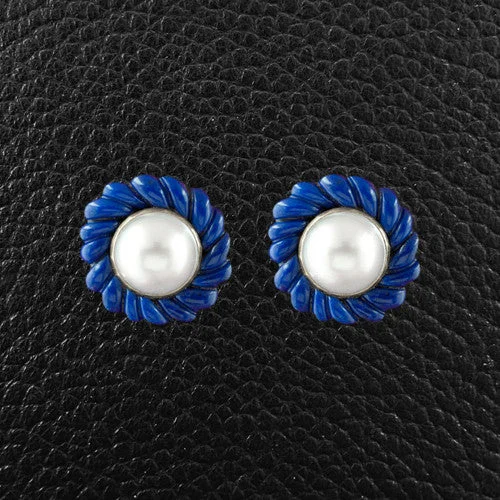 Oval shaped earrings for sophisticated style -Lapis & Pearl Estate Tiffany Earrings