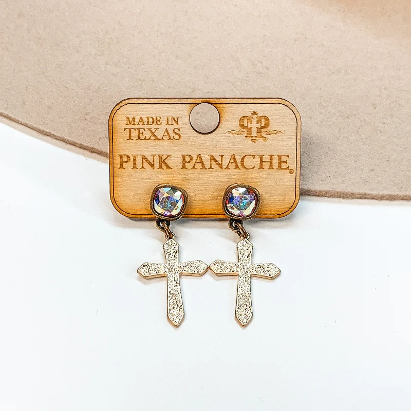 Silver hoop earrings for casual wear -Pink Panache | AB Cushion Cut Crystal Post Earrings with Small Textured Cross Pendant in Gold