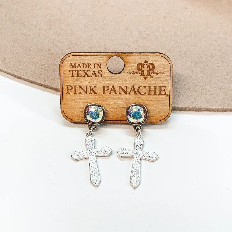 Ear cuffs with crystals for added sparkle -Pink Panache | AB Cushion Cut Crystal Post Earrings with Small Textured Cross Pendant in Silver