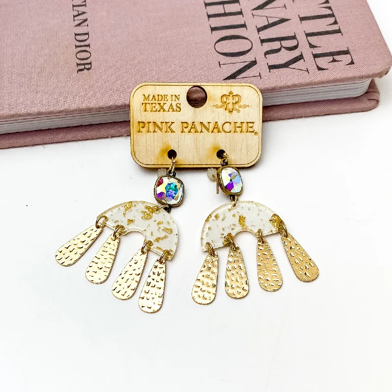 Luxury diamond stud earrings -Pink Panache | AB Cushion Cut Earrings with Acrylic and Metal Rainbow Drop in Gold Tone