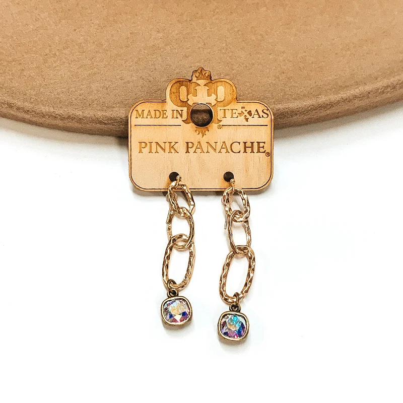 Small gold earrings for subtle elegance -Pink Panache | AB Cushion Cut Drop on Worn, Hammered Chain Link Earring in Gold