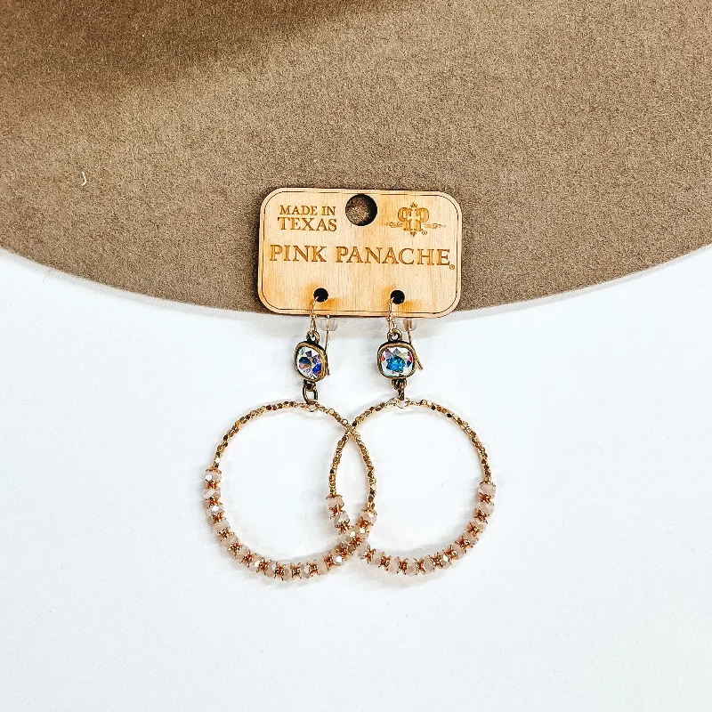 Oversized earrings for bold fashion statements -Pink Panache | AB Cushion Cut Earrings with Gold and Ivory Beaded Hoop Dangle