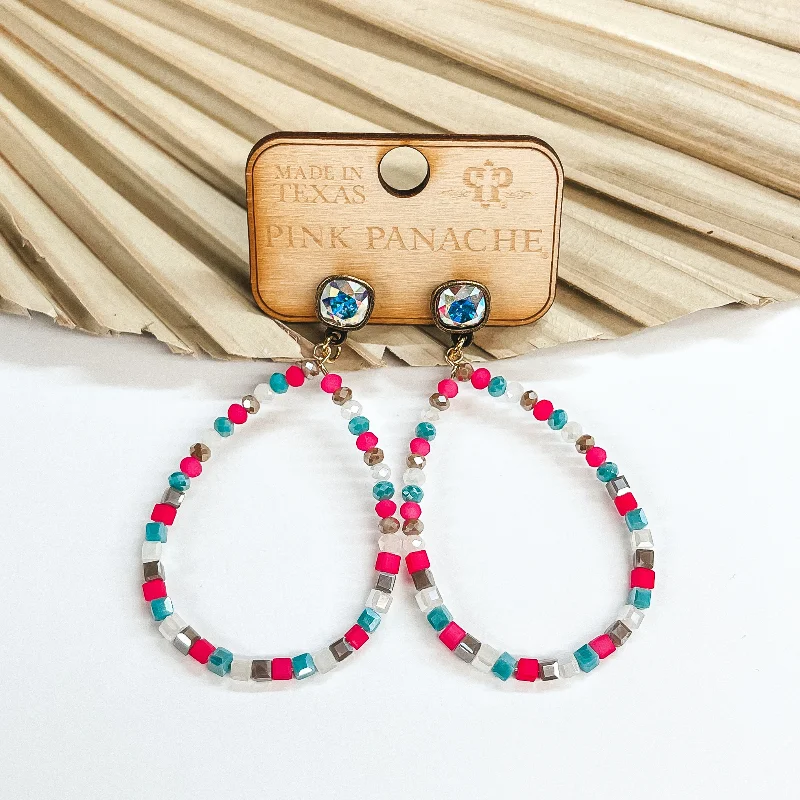 Ethnic earrings for cultural style -Pink Panache | AB Cushion Cut Post Earrings with Multicolor Beaded Teardrop