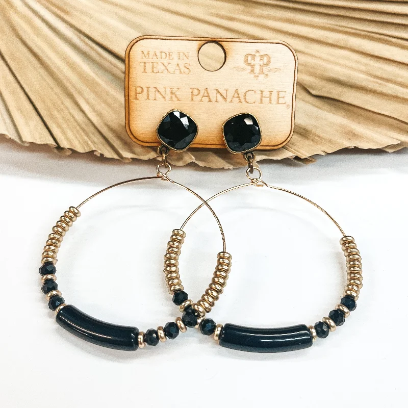 Bold geometric earrings for modern outfits -Pink Panache | Black Crystal Beads and Gold Beaded Hoop Earrings with Cushion Cut Crystals in Black