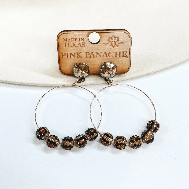 Artistic earrings for unique fashion -Pink Panache | Black and Brown Beaded Hoop Earrings with Cushion Cut Crystals in Topaz