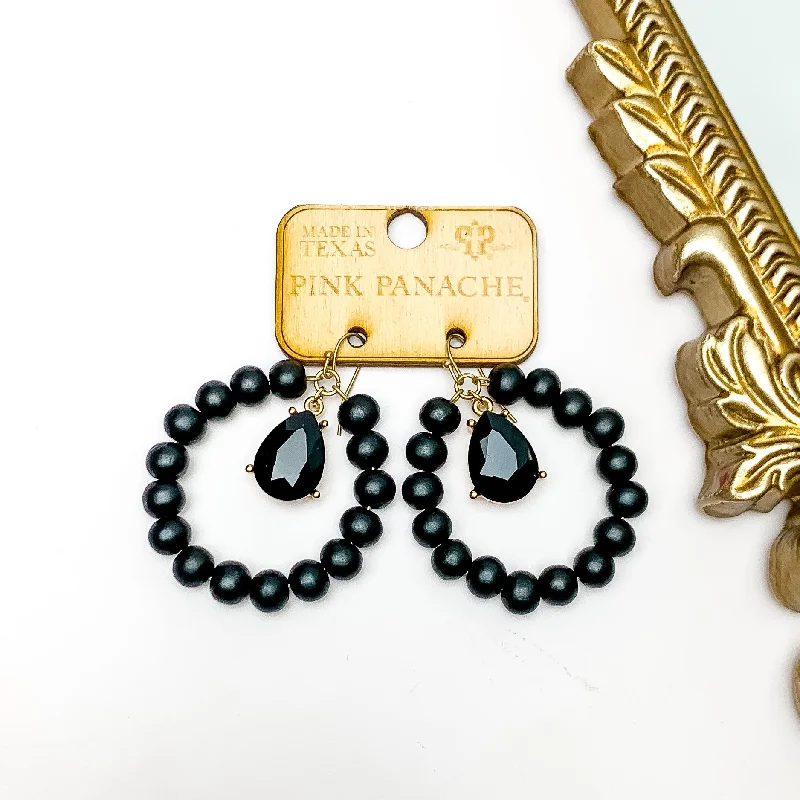 Natural stone earrings for earthy vibes -Pink Panache | Black Beaded Circle Drop Earrings with Black Teardrop Crystal Drop