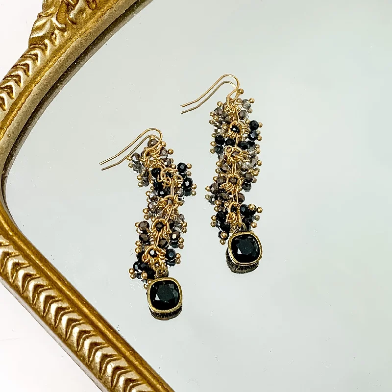 Elegant gold hoop earrings for evening events -Pink Panache | Black Crystal Beaded Drop Earrings with Black Cushion Cut Crystal