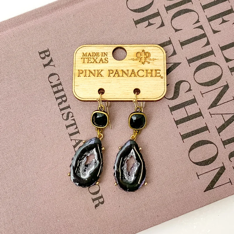 Silver dangle earrings for versatile style -Pink Panache | Black Cushion Cut Crystal Drop Earrings with Black Open Druzy Charm