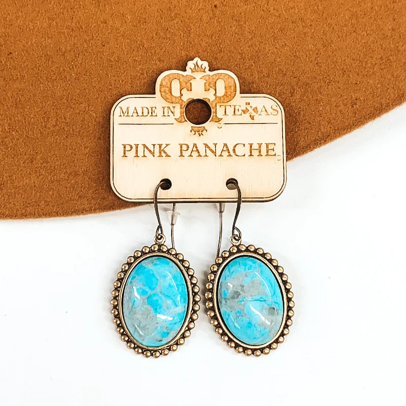 Simple drop earrings for everyday elegance -Pink Panache | Bronze French Wire Earrings with Small Hanging Oval Turquoise Cabochon