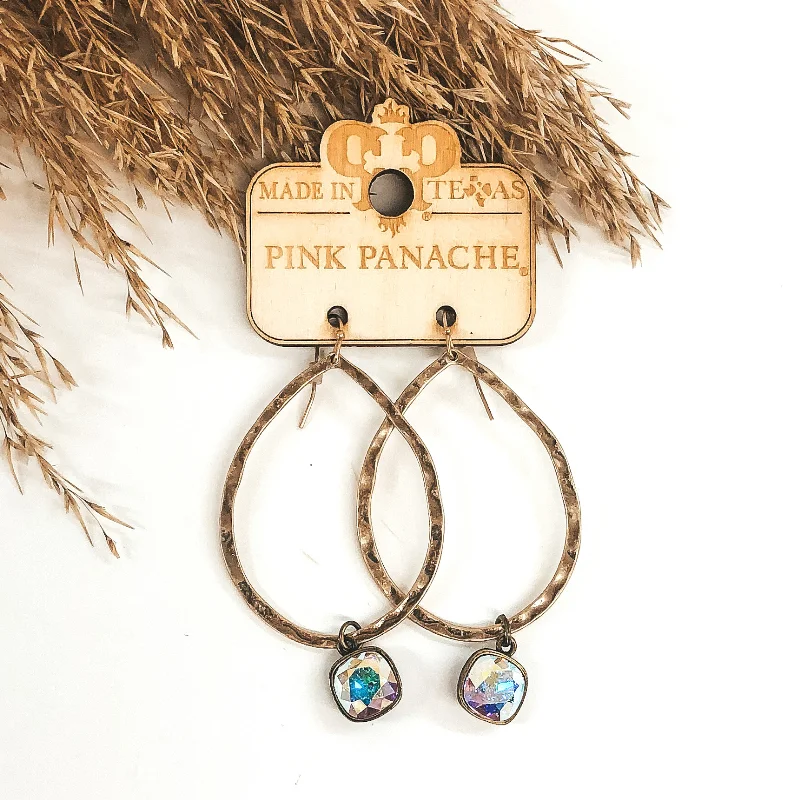 Cute star-shaped earrings for casual wear -Pink Panache | Bronze Hammered Open Teardrop Earring with AB Cushion Cut Drop