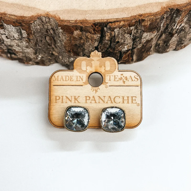 Small stud earrings for minimalist style -Pink Panache | Bronze Stud Earrings with Cushion Cut Crystals in Crystal Ignite