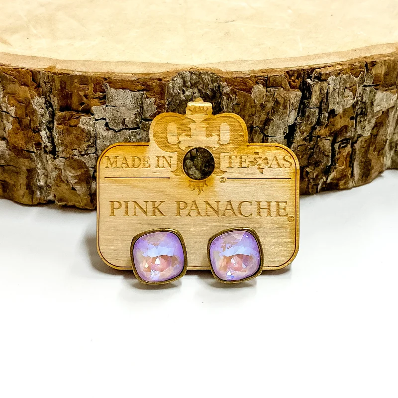 Unique asymmetric earrings for fashion-forward looks -Pink Panache | Bronze Tone Stud Earrings with Cushion Cut Crystals in Lavender