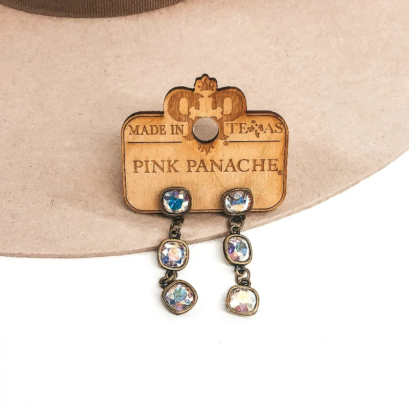 High-end luxury earrings for premium look -Pink Panache | Bronze Triple Drop Post Earrings with Cushion Cut AB Crystals