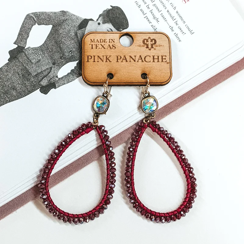 Colorful tassel earrings for boho style -Pink Panache | Burgundy Crystal Beaded Wrapped Teardrop Earrings with Ab Cushion Cut Crystal