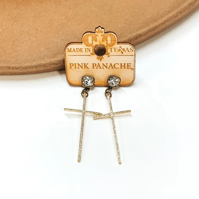 Resin earrings for lightweight wear -Pink Panache | Clear Cushion Cut Post with Gold Pave Cross Earrings